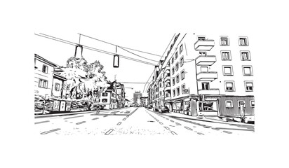 Print Building view with landmark of St. Gallen is the
city in Switzerland. Hand drawn sketch illustration in vector.