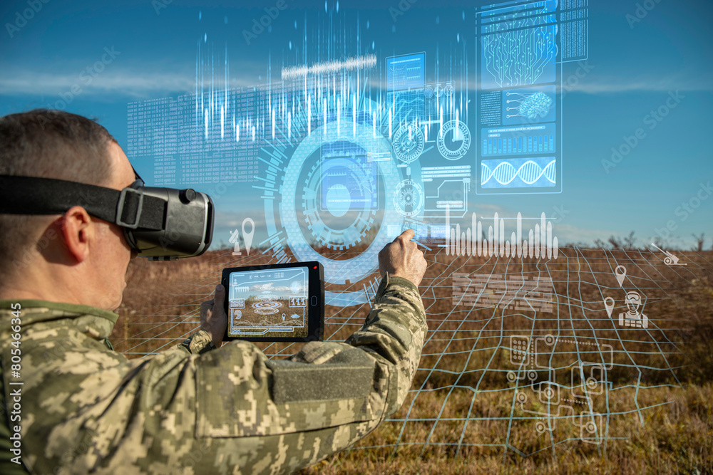 Wall mural ai technology in the army. warfare analytic operator using vr virtual reality glasses checking coord