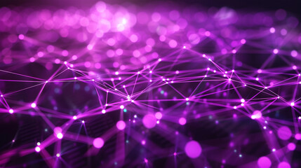 Purple abstract tech grid with pulsating energy nodes and dynamic data links, representing futuristic network communication.