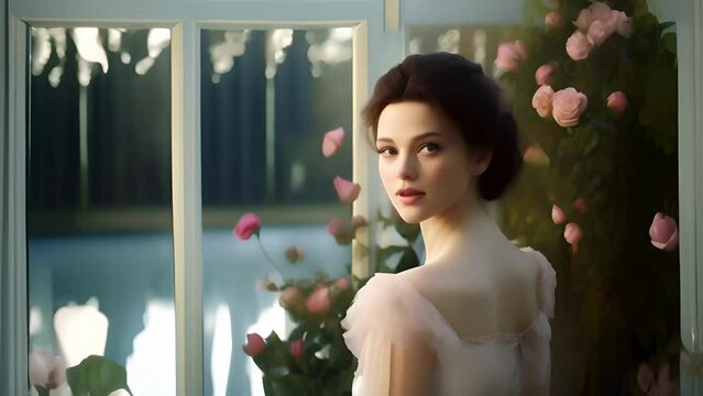 A girl in a dress and with a hairstyle of the 19th century dress against the background of rose bushes in the gazebo
