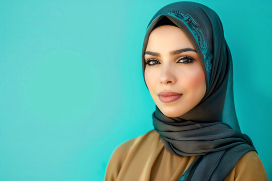 Portrait of Muslim woman wearing Hijab on turquoise background looking at camera