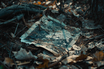 A close-up shot of a torn map lying on the forest floor, surrounded by fallen leaves and twigs. Footprints leading in different directions hint at the girls' attempts to find a way out, while a distan