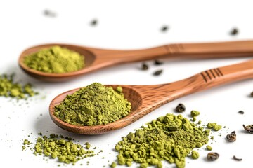 Two wooden spoons with ground dry green tea powder, green matcha powder, antioxidant, superfood