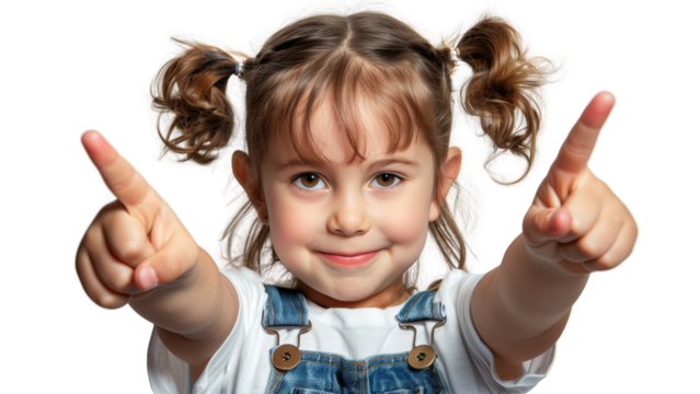 Na przezroczystym tle mała dziewczynka wykonuje gest pokoju, unosząc dłonie z palcami rozwiniętymi. Dziecko ma uśmiechniętą minę i wygląda na radosne