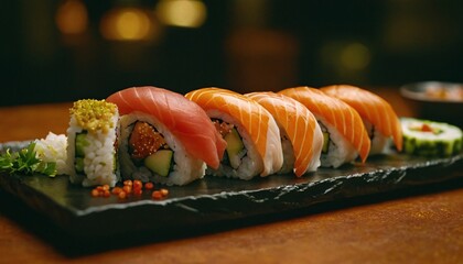 A perfect sushi made out of wasabi and fish explosion, surreal, macro photography