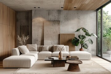 Modern large living room with with soft beige sofa, Beautiful sitting area
