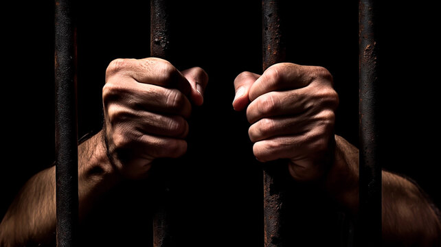 Man's hand holding bars against black background. For  imprisonment and captivity concept.