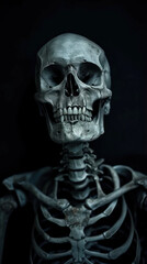 Human skeleton model with black background.