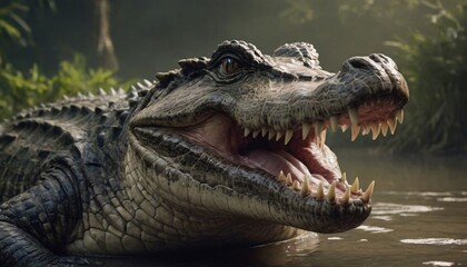 A huge crocodile whose enormous mouth bristles with several rows of venomous fangs capable of poisoning