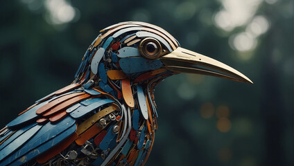 The image contains a steampunk style bird sculpture with brown, copper, and teal features sitting on a branch.

