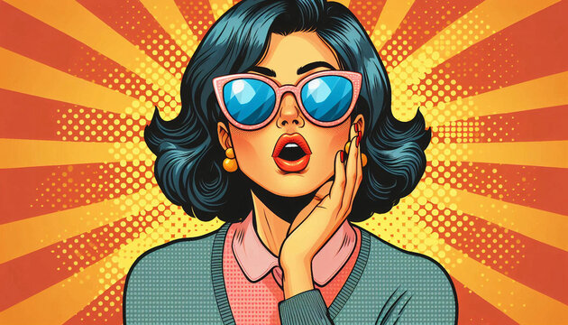 A surprised thinking woman taken aback with hand to face comic book style retro art
