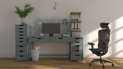 3D illustration of interior design of computer setup