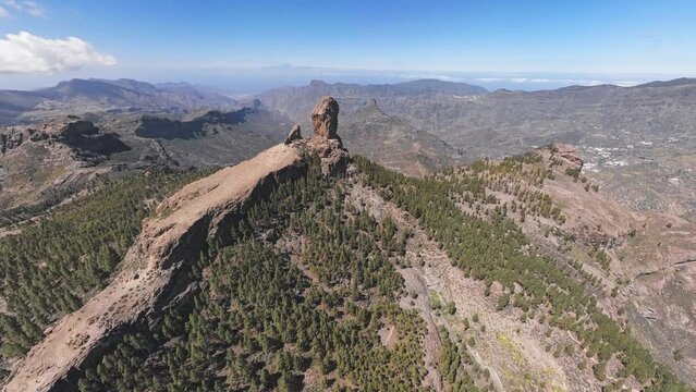 360 degrees seamless loopable aerial panorama of Roque Nublo, a volcanic rock in caldera of Tejeda, Gran Canaria, Canary islands, Spain.