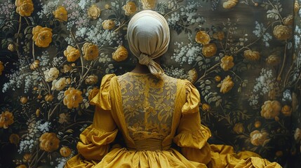 Elegant woman in a vintage yellow dress, viewed from behind, against a detailed floral tapestry backdrop.