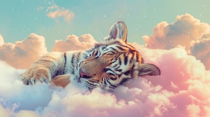 Surreal image of a tiger resting among fluffy, pink clouds under a light rainy sky.