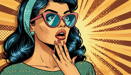 A surprised woman taken aback with finger to chin comic book style retro art