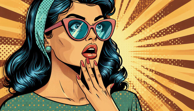A surprised woman taken aback with finger to chin comic book style retro art wallpaper background