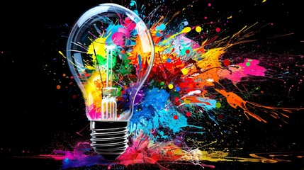 Light bulb covered in vibrant paint splatters