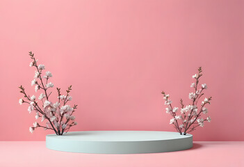 minimal pastel color product display podium with blossom flowers on pink background. 3d scene rendering