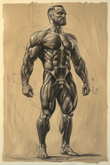 Fototapeta premium An hand drawn illustration of a male bodybuilder flexing his muscles.
