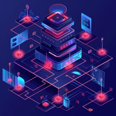 A beautiful isometric IT network, visualizing data flow and network security measures, model isolated on solid color background