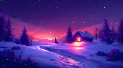 Fototapeta premium A serene winter night scene depicting a cozy cabin surrounded by snow-covered hills and a starlit purple sky
