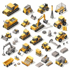 A cute isometric set of industry machinery, illustrating heavy equipment and automated systems, model isolated white background