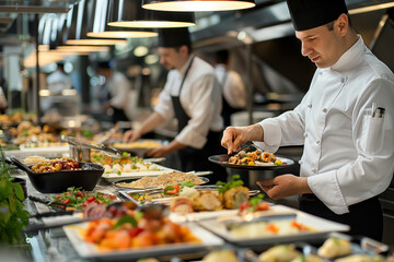 The chef prepares dishes for the buffet table in the restaurant. Image for cafe menu, Banner