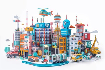 A cute painting of a bustling technology hub, featuring innovative startups and tech giants, 3d model isolated white background