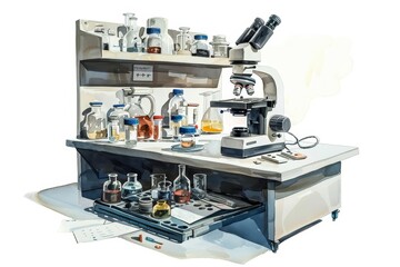 A fantastic painting of a medical laboratory, depicting researchers and cuttingedge equipment, 3d model isolated white background