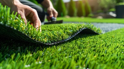 A man is laying down artificial grass in a backyard.