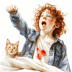 A red-haired boy, lying in bed with his red cat, rejoices and screams enthusiastically