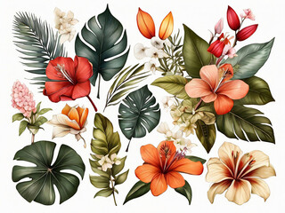 digital botanical illustration of assorted tropical leaves and flowers clip art elements isolated on white background floral arrangements