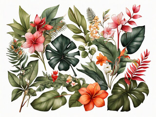 digital botanical illustration of assorted tropical leaves and flowers clip art elements isolated on white background floral arrangements