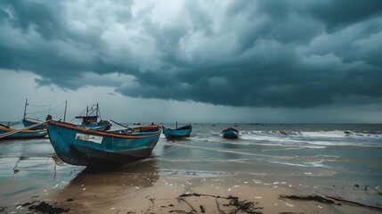 Obraz premium Fishing boats in cloudy weather