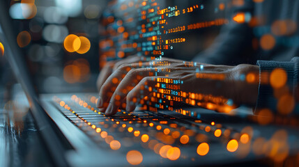 Close-up image of a programmer's hands typing on a backlit keyboard with digital data overlay, symbolizing advanced technology - Powered by Adobe