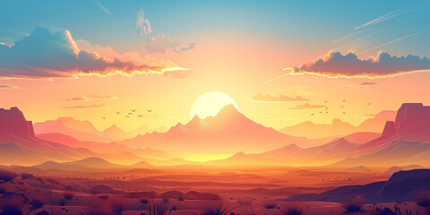 Desert mountainous landscape illustration, wide angle valley background