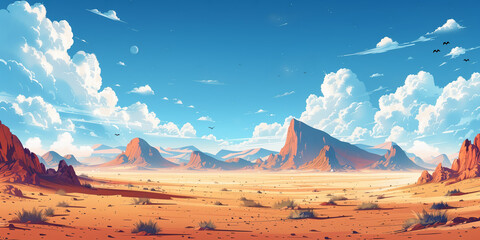 Desert mountainous landscape illustration, wide angle valley background