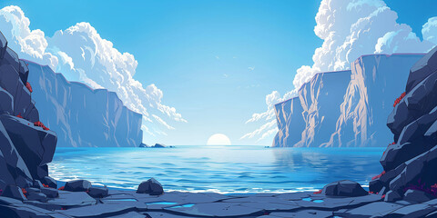 Isolated beach landscape illustration, podium, stage. Wide angle background with nobody, mobile game