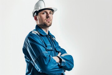 Naklejka premium male construction worker in a helmet stands with his arms crossed