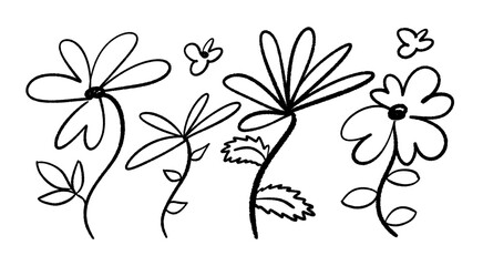 Hand drawn flowers black paint set isolated on white background. Vector botanical plants rough line illustration.