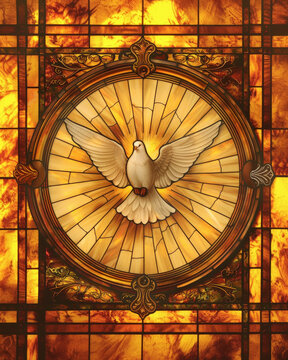 Vidriera art&iacute;stica con una paloma blanca en el centro representando al esp&iacute;ritu santo, sobre un circulo dorado y figuras geom&eacute;tricas y fondo representando llamas 