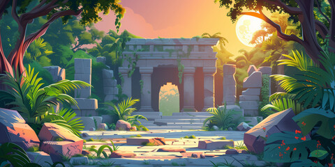 Temple background environment for a mobile game. Enchanted tropical temple ruins, 3d cartoon style