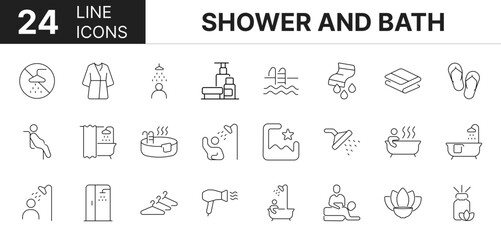 Collection of 24 Shower and bath line icons featuring editable strokes. These outline icons depict various modes of Shower and bath. Shower, bath, bathroom, pool,
