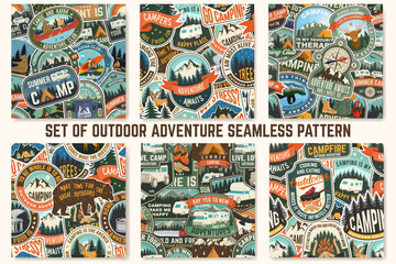 Set of Summer camp colorful seamless pattern with travel inspirational quotes. Vector. Background, wallpaper, seamless pattern with camping climber, tent, mountain and forest silhouette.