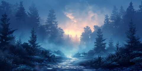 Dark forest background environment for a mobile game. Enchanted foggy dark landscape with trees, flat 2d cartoon style