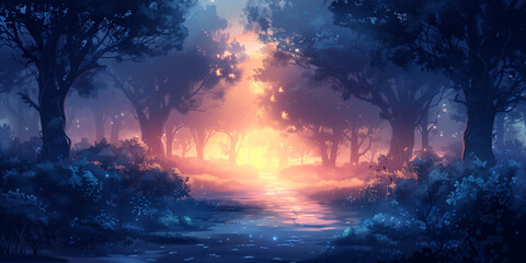 Dark forest background environment for a mobile game. Enchanted foggy landscape with trees, flat 2d cartoon style