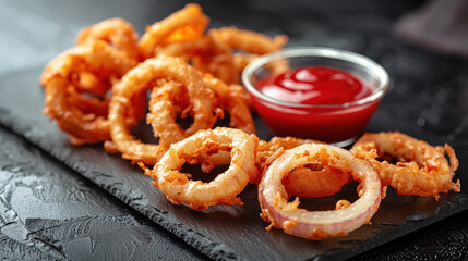 Close up of fried crispy onion rings with ketchup sauce on black slate board on concrete background