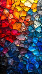 A colorful mosaic of glass with a sun in the background.