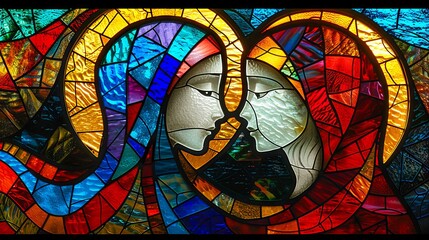 A stained glass window with two faces.